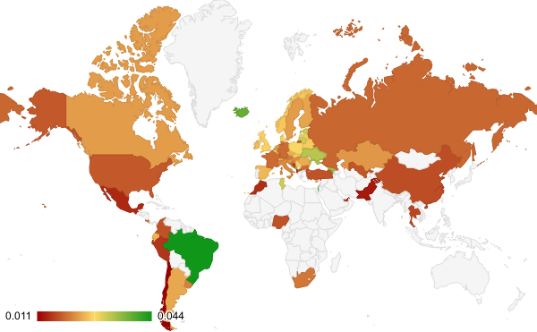 Representação dos países com mais pesquisas no Top 20 dos países de onde Portugal é o destino de pesquisa